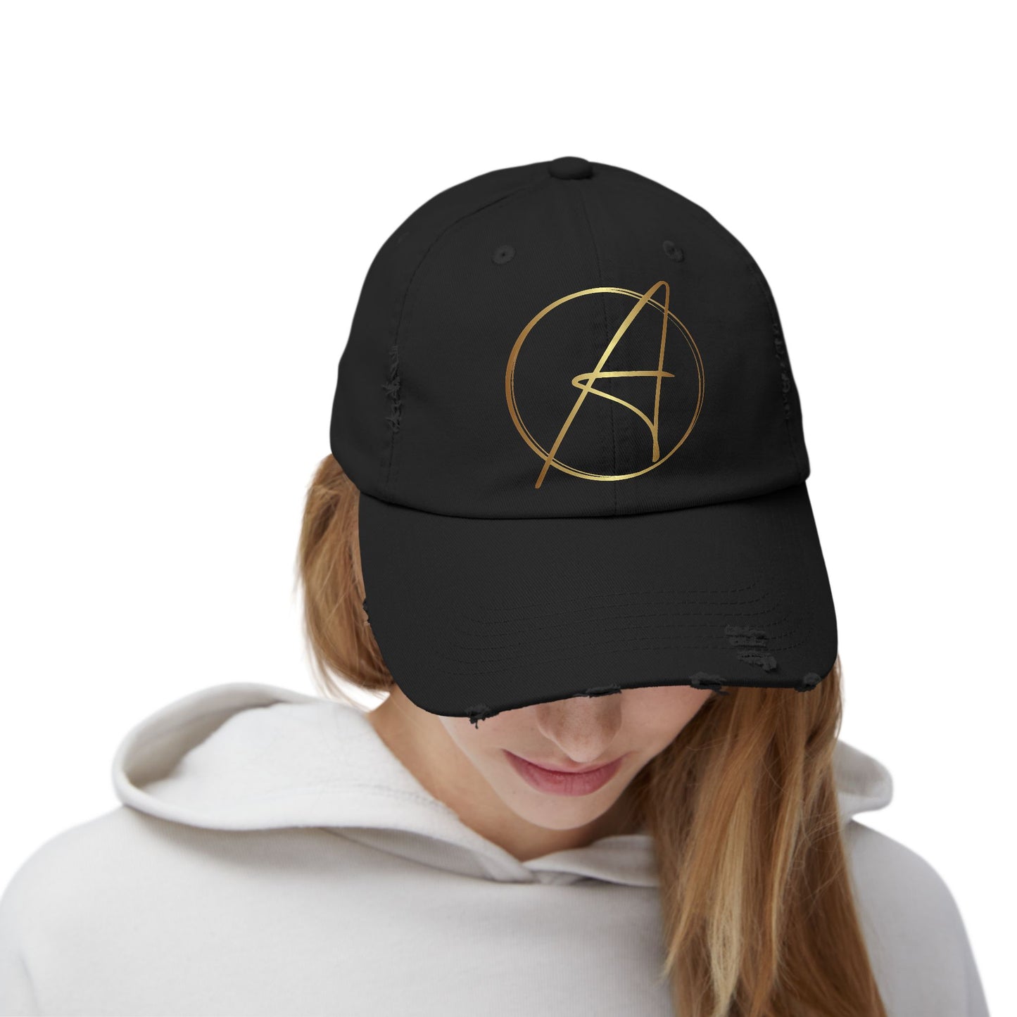 Unisex Distressed Cap with Gold Graphic - Casual Style Hat for Everyday Wear