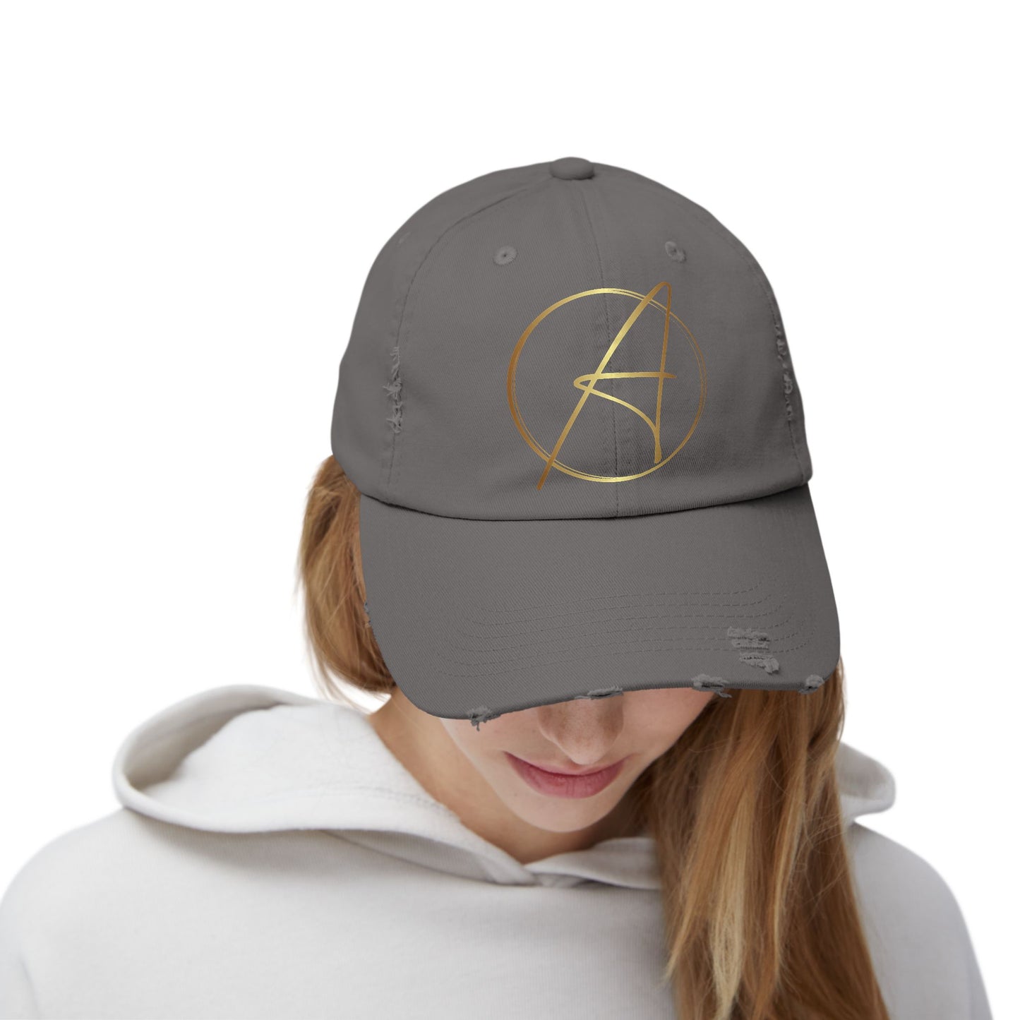 Unisex Distressed Cap with Gold Graphic - Casual Style Hat for Everyday Wear
